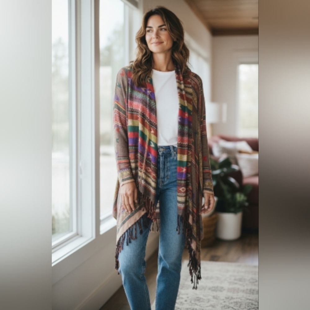 Angie Bohemian Tribal Aztec Southwestern Multicolor Fringe Cardigan Kimono